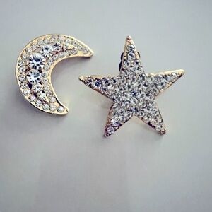 Vintage Gold and Silver Crystal Moon and Star clip-on Earrings